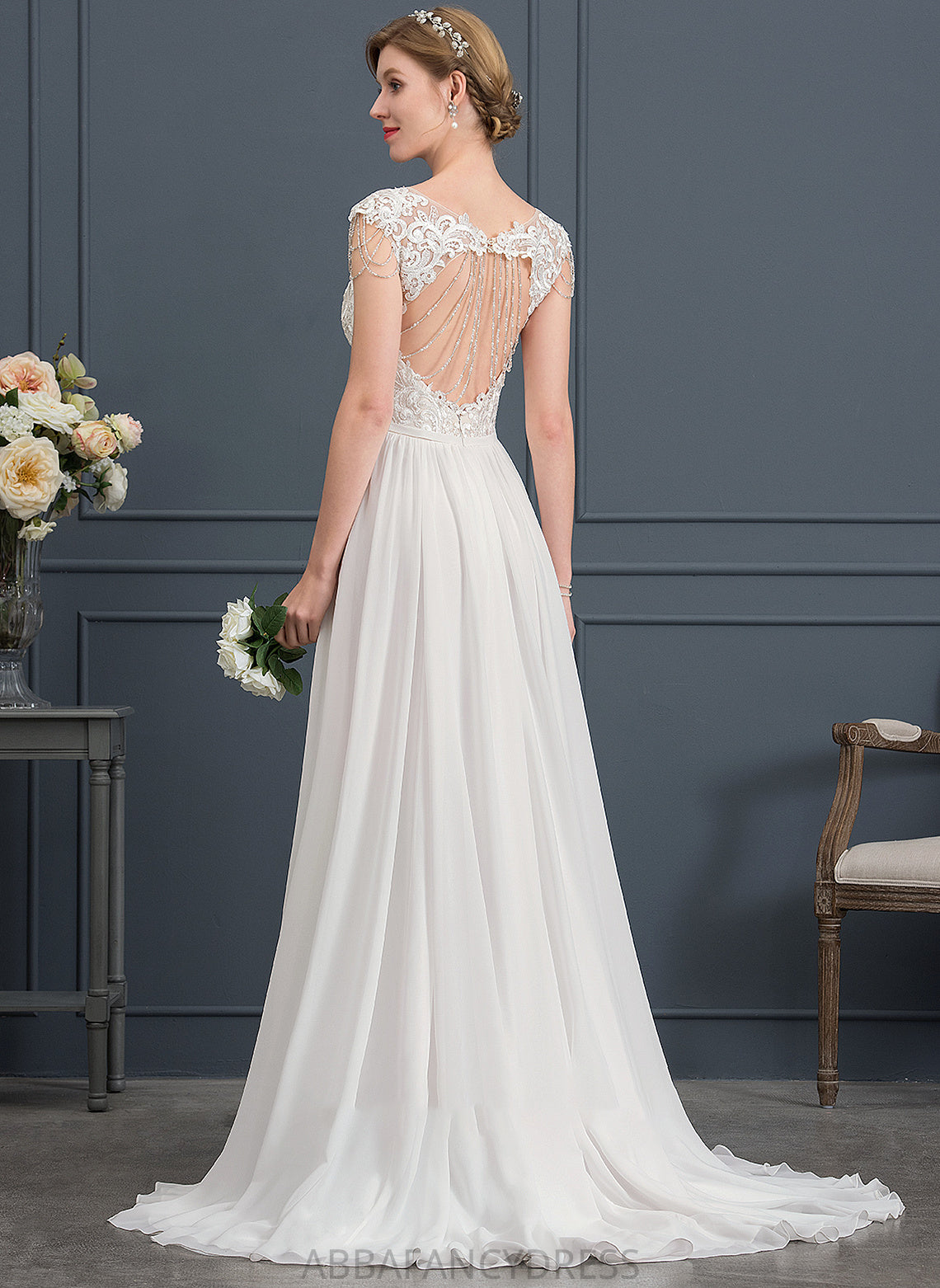 Wedding Train Chiffon Dress Sweep Marlie V-neck A-Line With Sequins Wedding Dresses Beading