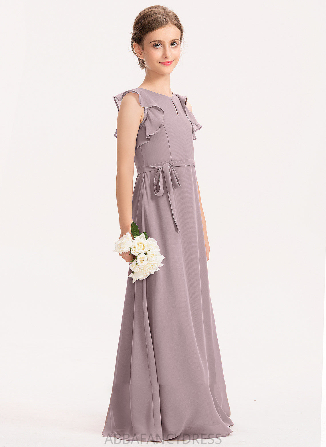 A-Line Ruffles With Neck Floor-Length Chiffon Junior Bridesmaid Dresses Zion Cascading Scoop Bow(s)