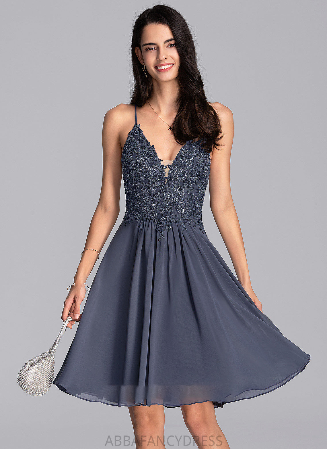 Beading Sequins With Knee-Length Chiffon Kendal A-Line Prom Dresses V-neck