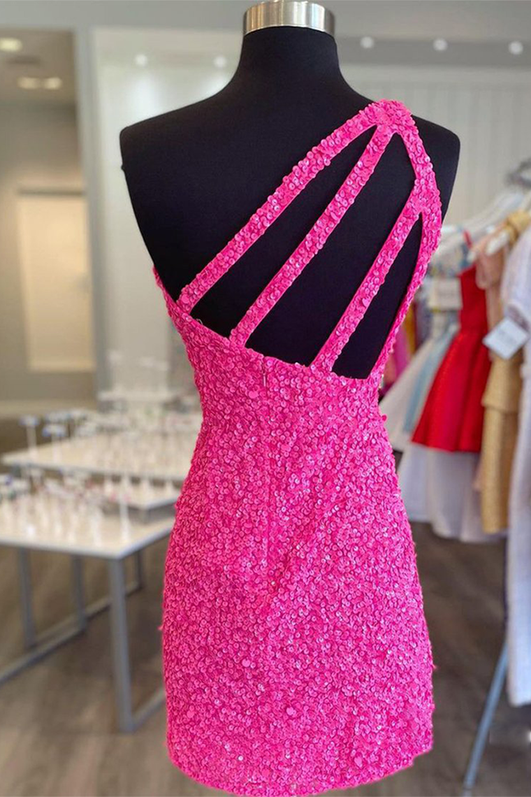 Homecoming Dresses Glitter Lily One-Shoulder Hot Pink With Sequins