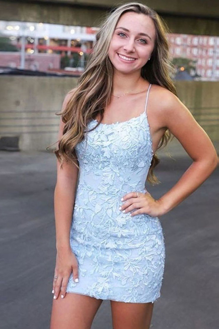 Hot Selling Sheath Blue Short with Homecoming Dresses Jaiden Appliques