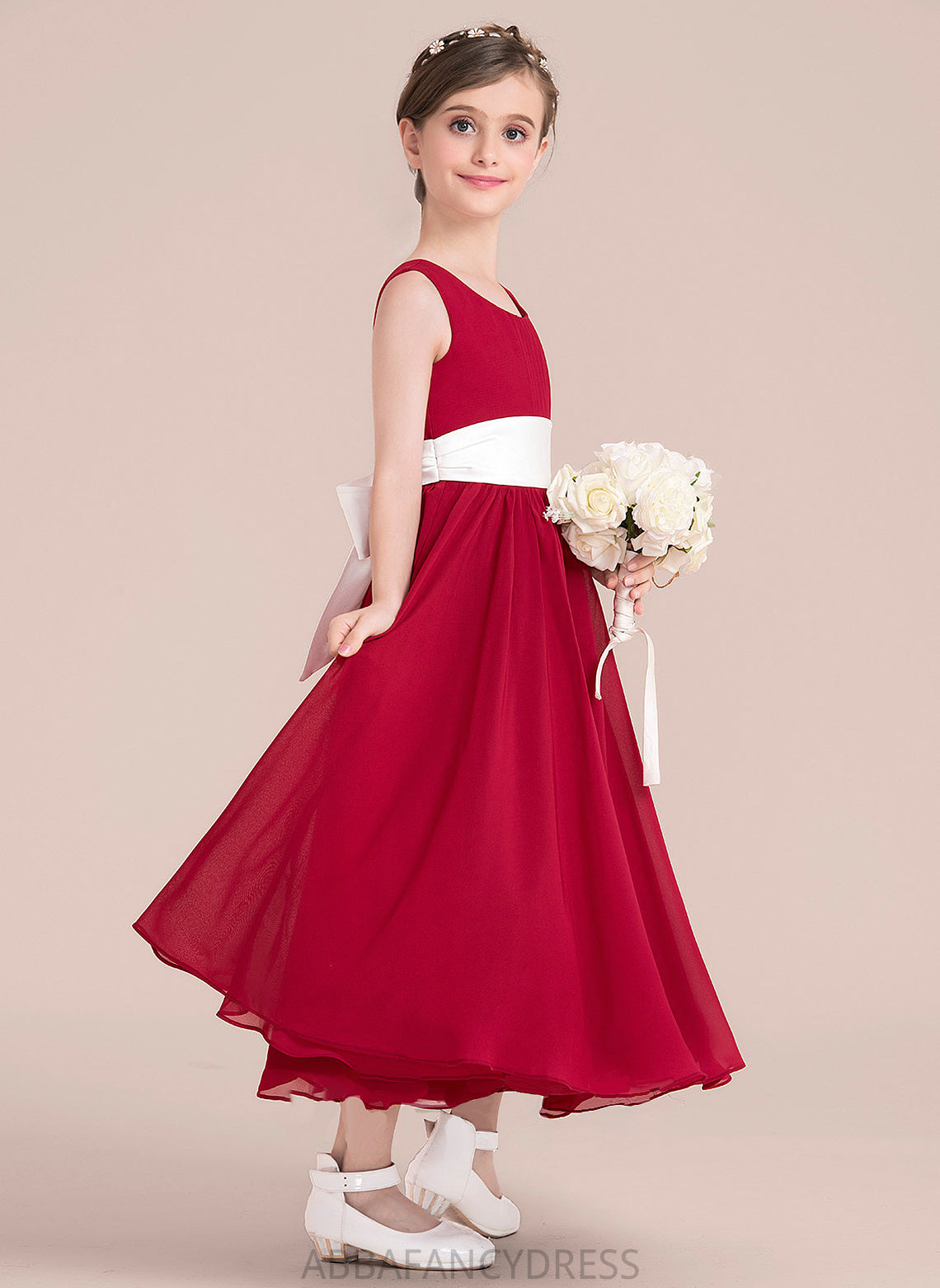 Bow(s) Chiffon Neck Emelia Sash A-Line Scoop Junior Bridesmaid Dresses With Ankle-Length Empire