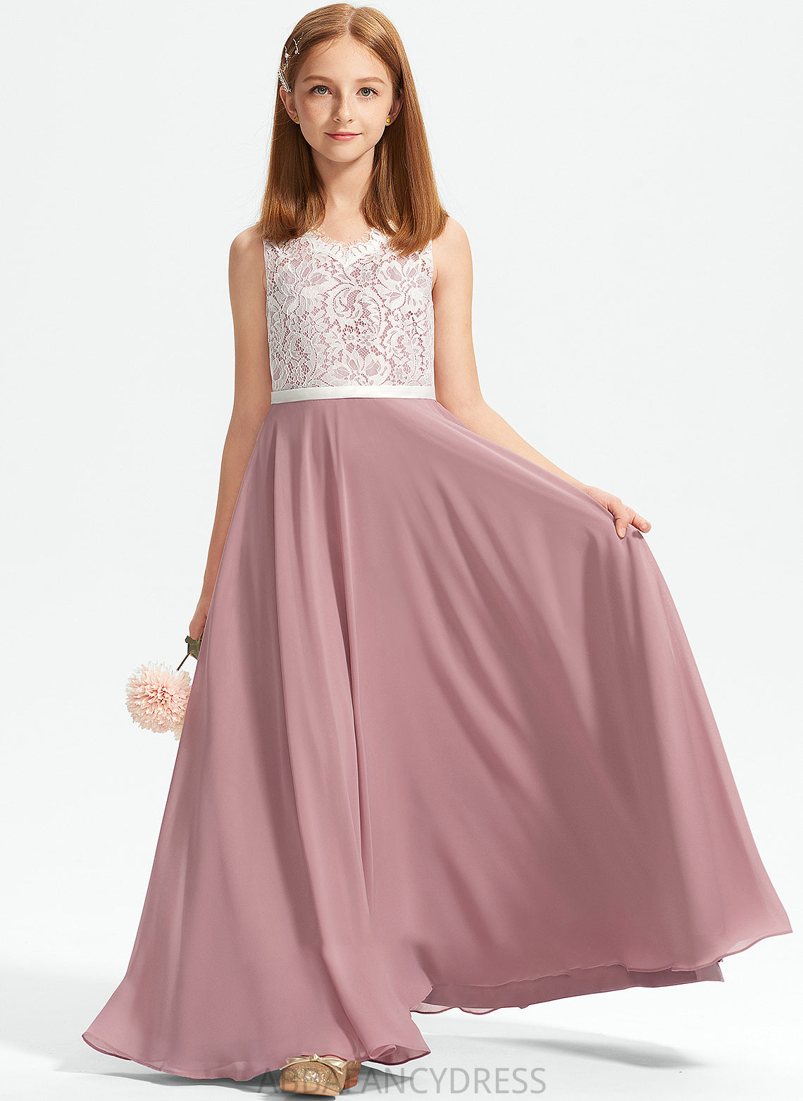 Haley Floor-Length A-Line Junior Bridesmaid Dresses V-neck Lace Chiffon