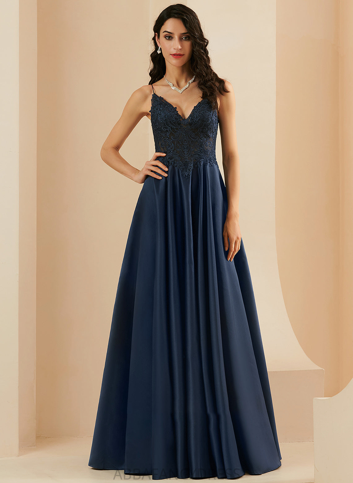 Lace Satin Prom Dresses Sasha With Floor-Length A-Line V-neck
