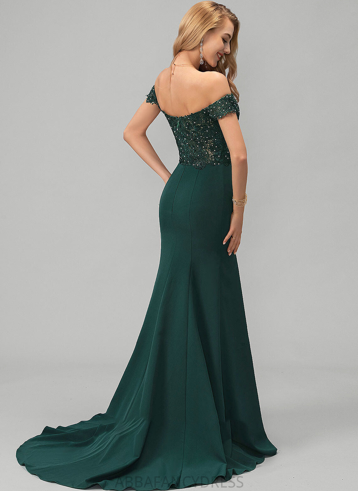 Prom Dresses With Crepe Lace Sequins Off-the-Shoulder Stretch Kamari Train Trumpet/Mermaid Sweep Beading