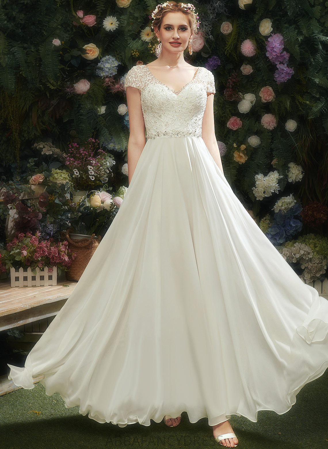 V-neck Wedding Dresses Floor-Length Sequins A-Line Chiffon Briana With Beading Wedding Dress Lace