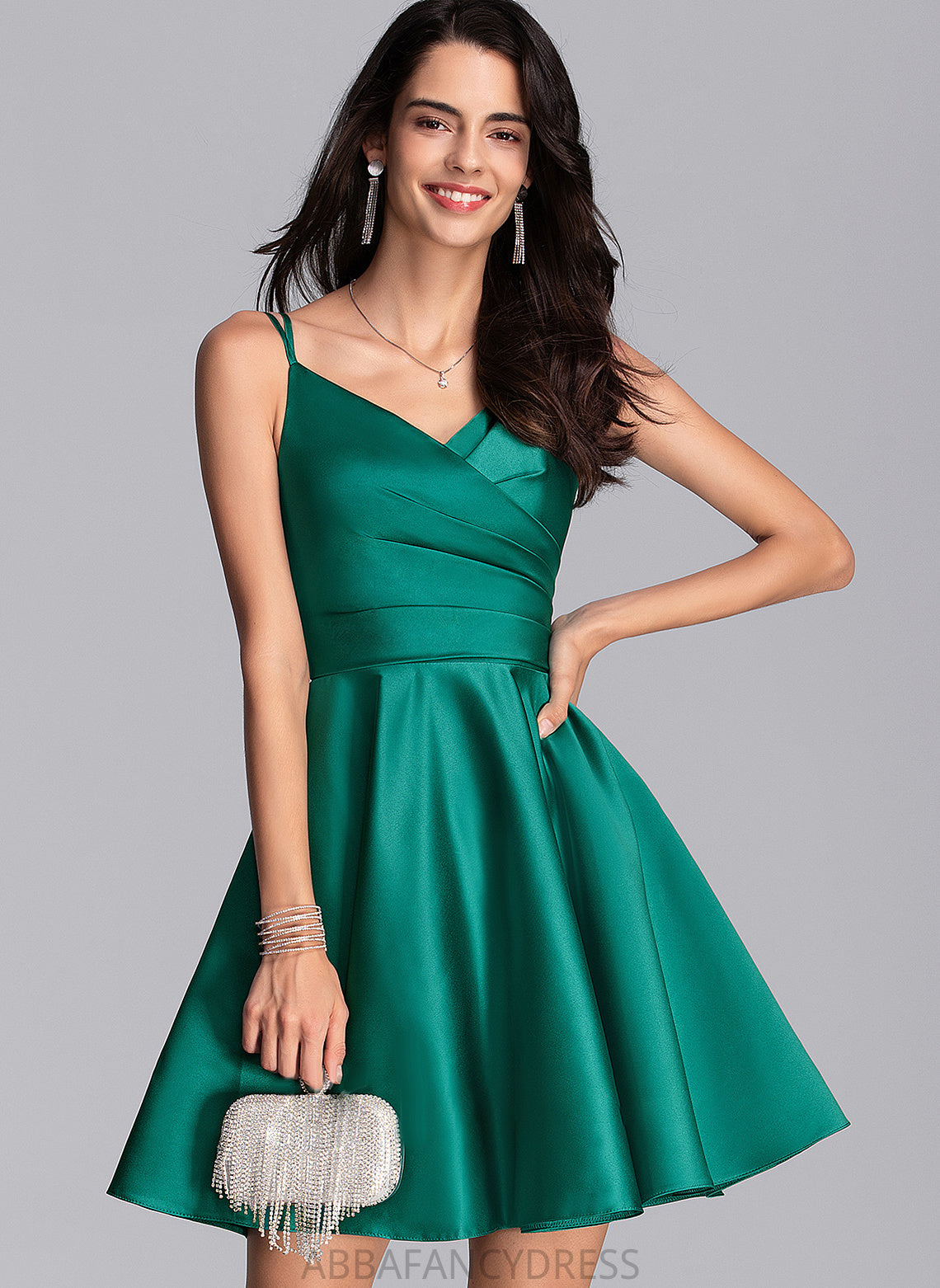 Ruffle Karma Prom Dresses Pockets Short/Mini With V-neck Satin A-Line