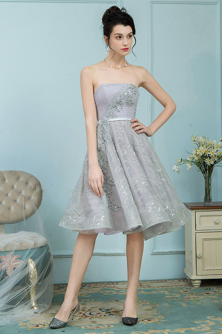 A-Line Strapless Marianna Homecoming Dresses Grey Lace Ball Gown with Rhinestones
