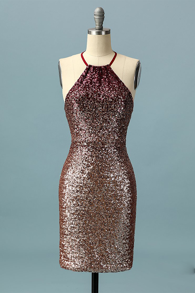 Sheath Homecoming Dresses Halter Diana Ombre Sequin Open Back