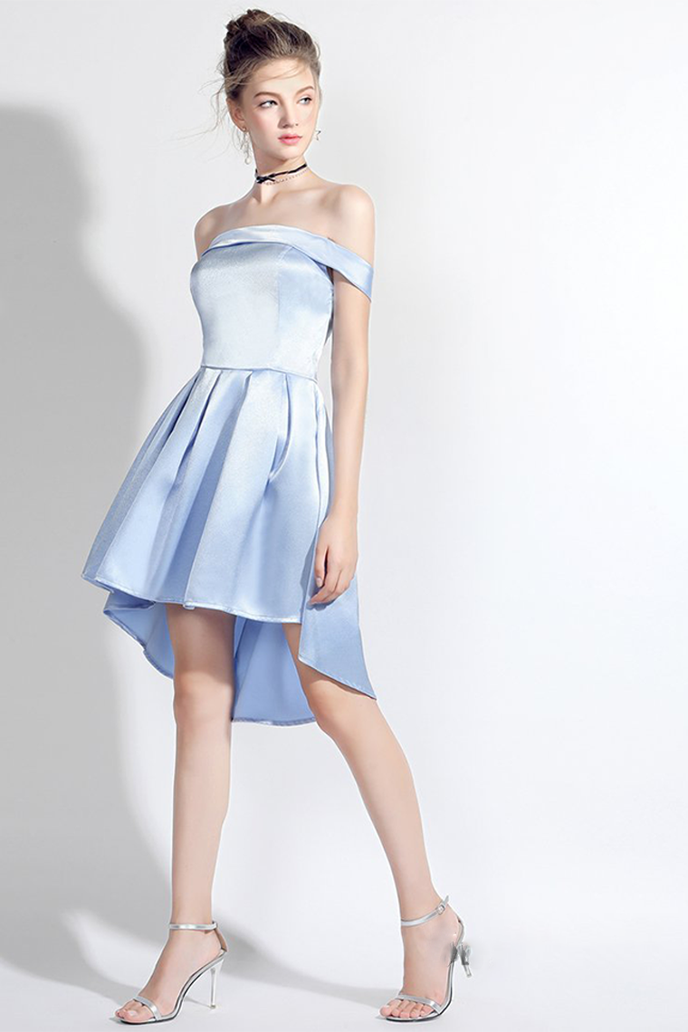 High Low Off-the-Shoulder Light Izabella Sky Homecoming Dresses Blue Satin