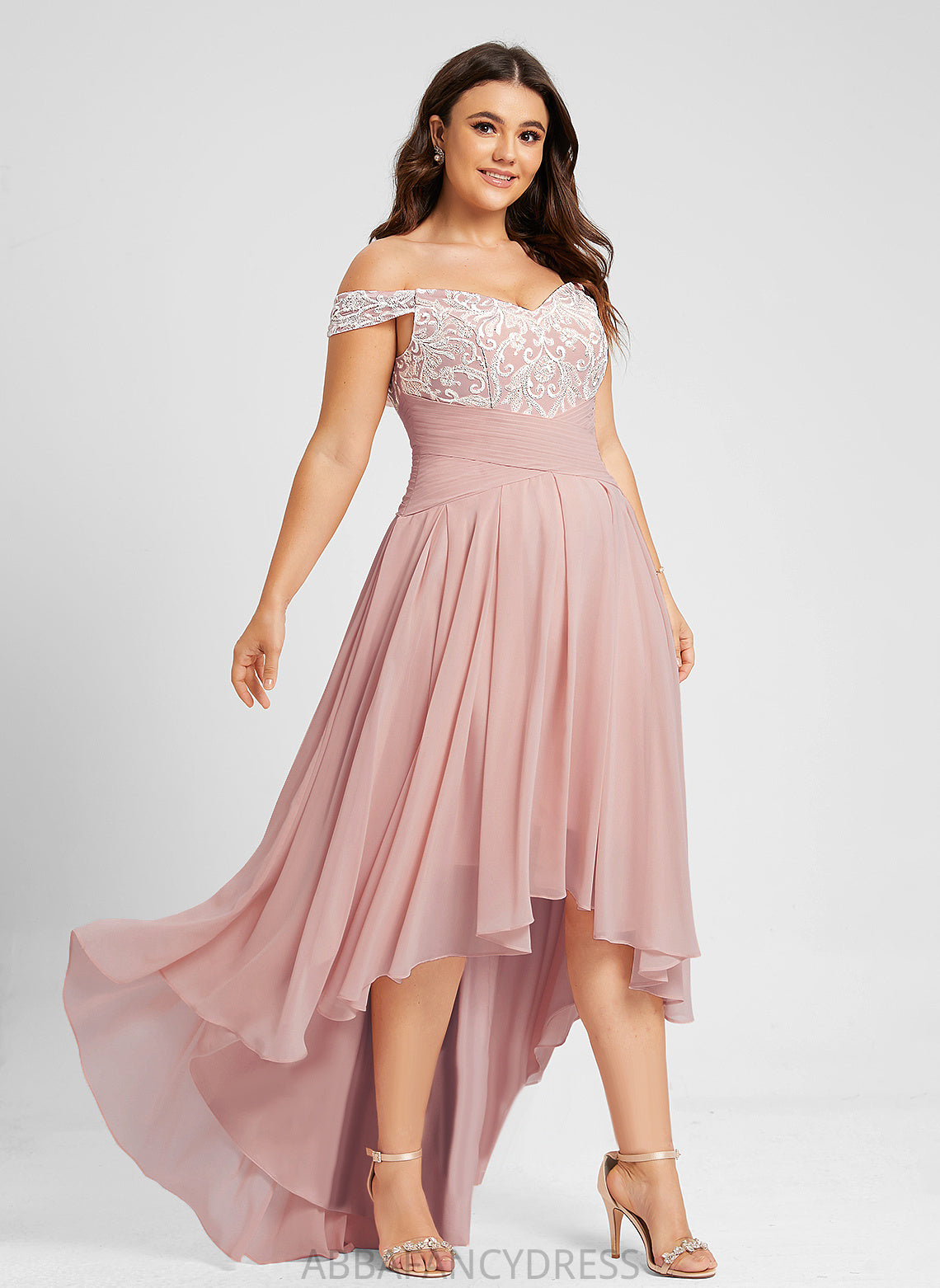 With Marisa Off-the-Shoulder Pleated Lace A-Line Asymmetrical Chiffon Prom Dresses