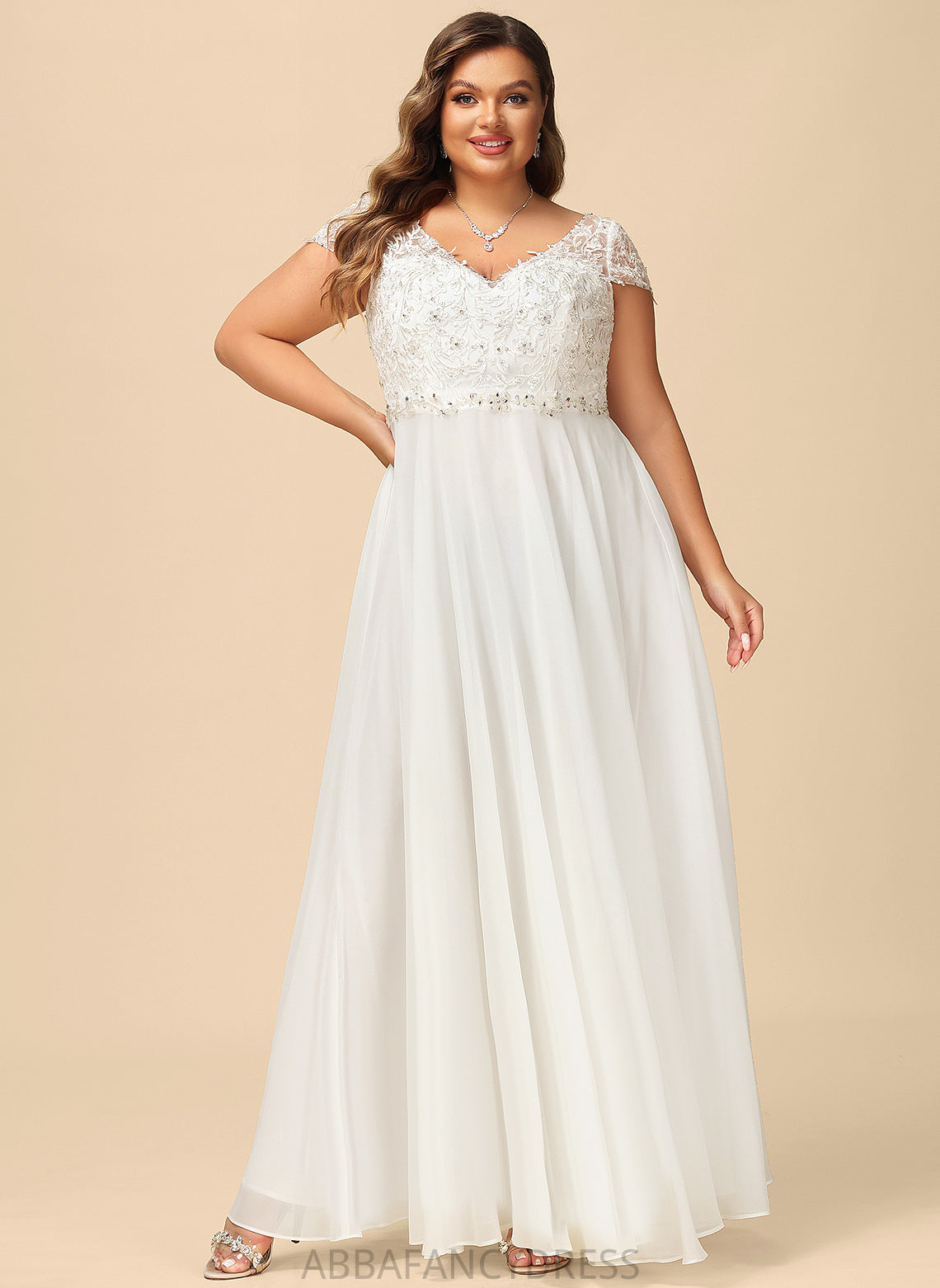 V-neck Wedding Dresses Floor-Length Sequins A-Line Chiffon Briana With Beading Wedding Dress Lace