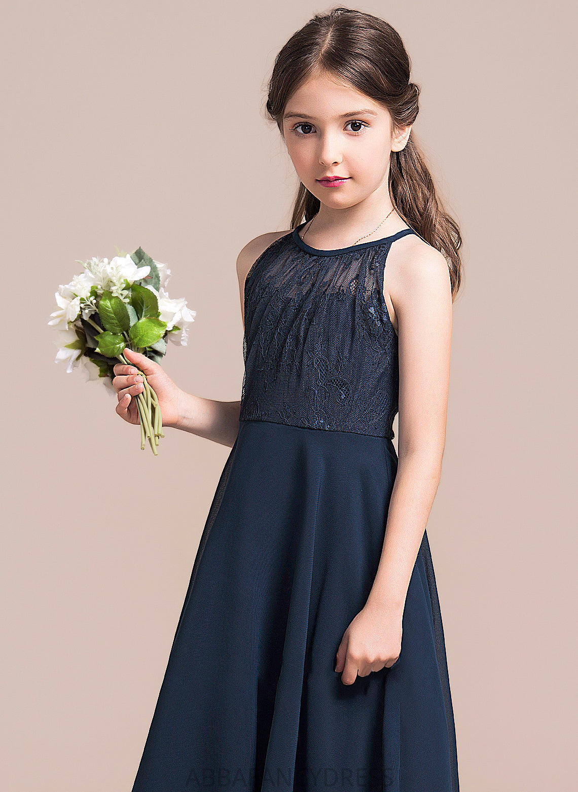 Scoop Chiffon Neck Heather With Lace Tea-Length Ruffle A-Line Junior Bridesmaid Dresses