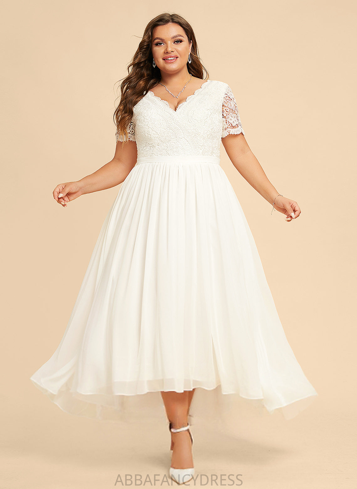 Dress Wedding Wedding Dresses V-neck Lace Asymmetrical A-Line Minnie Chiffon