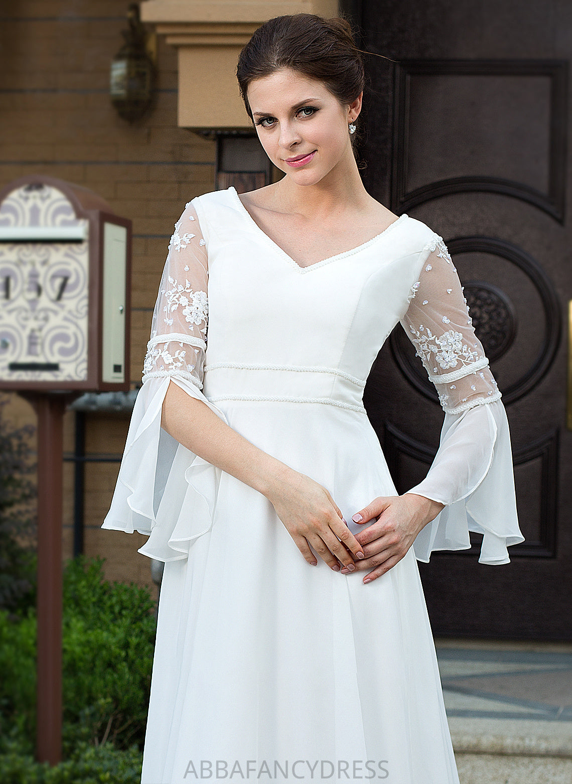 Lace With Chiffon Wedding Madelynn Wedding Dresses Beading V-neck Train Court A-Line Dress