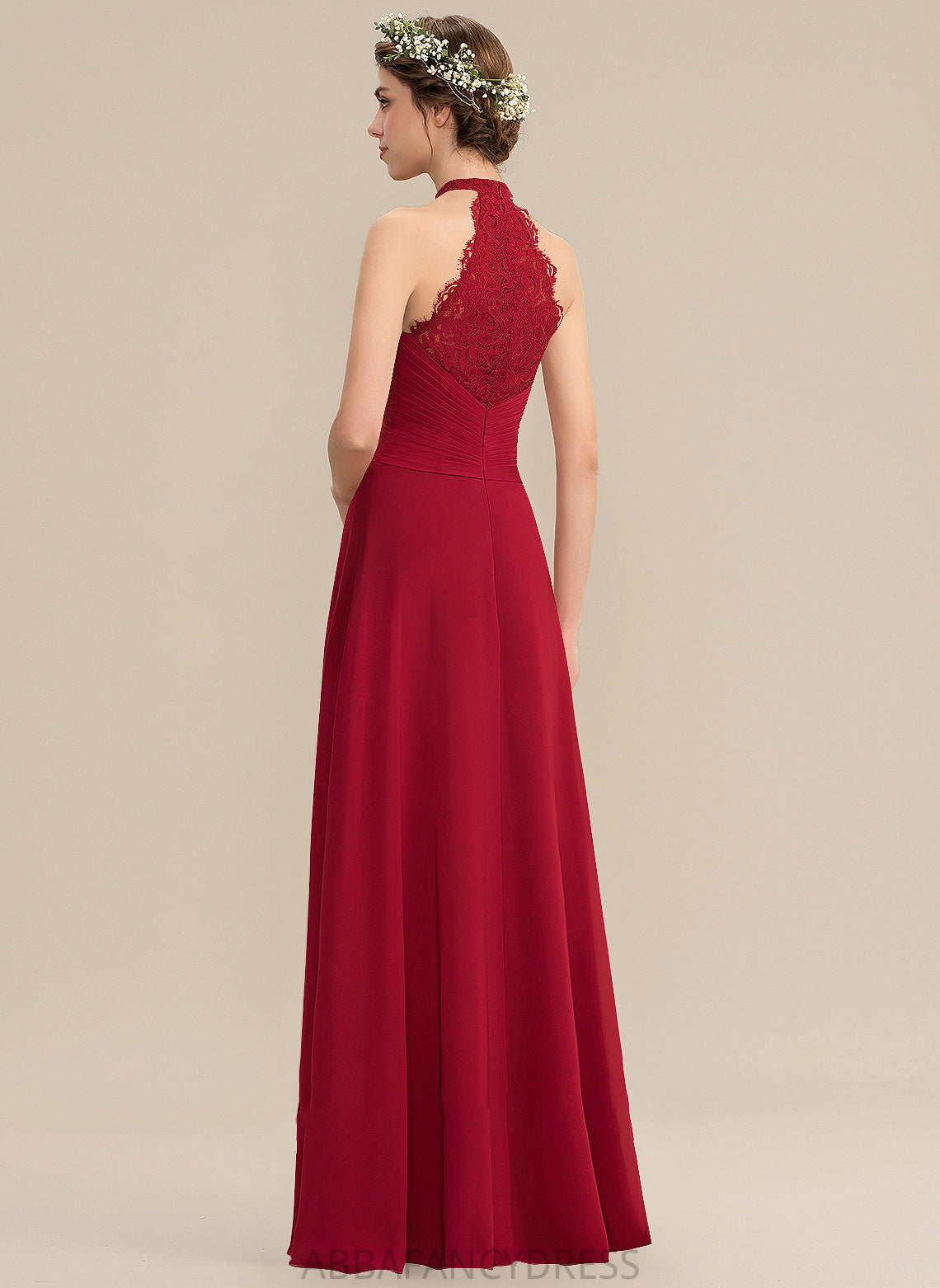 Split Floor-Length With High Front Neck Lace Prom Dresses A-Line Chiffon Ruffle Danielle