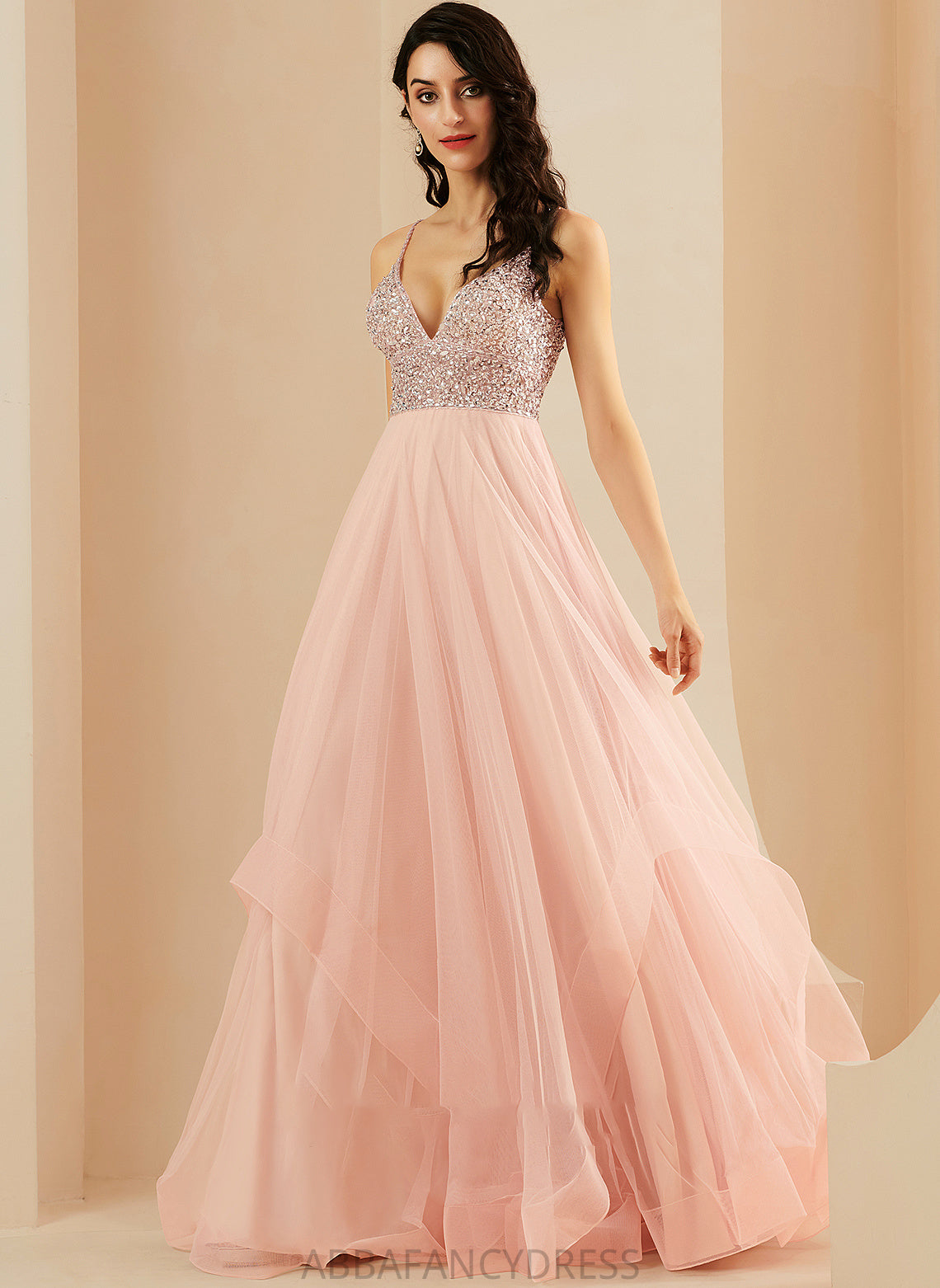 With Floor-Length Beading Tulle A-Line Emily V-neck Sequins Prom Dresses
