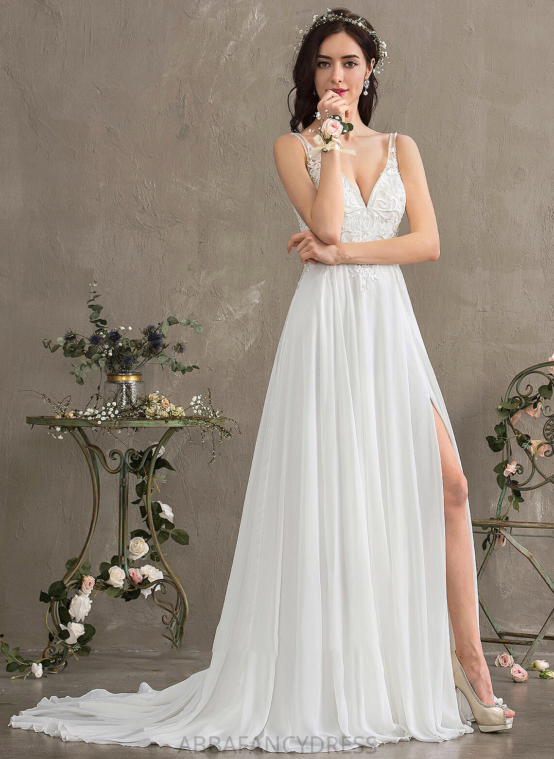 A-Line Dress Front Wedding Dresses With Myah Sequins Chiffon Train Sweep Beading Split V-neck Wedding