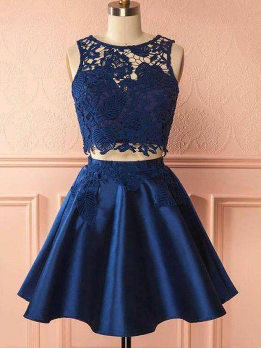 2 Pieces Navy Blue Satin Two Pieces Lucia Homecoming Dresses Lace Party Dress