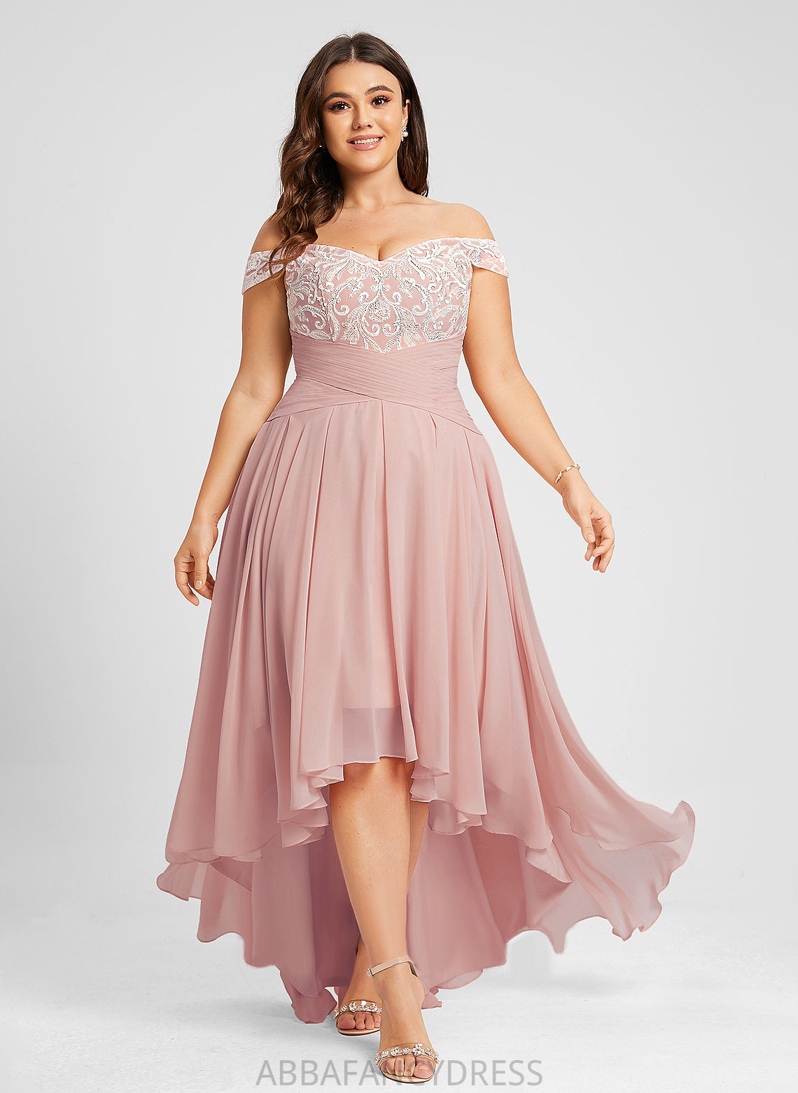 With Marisa Off-the-Shoulder Pleated Lace A-Line Asymmetrical Chiffon Prom Dresses