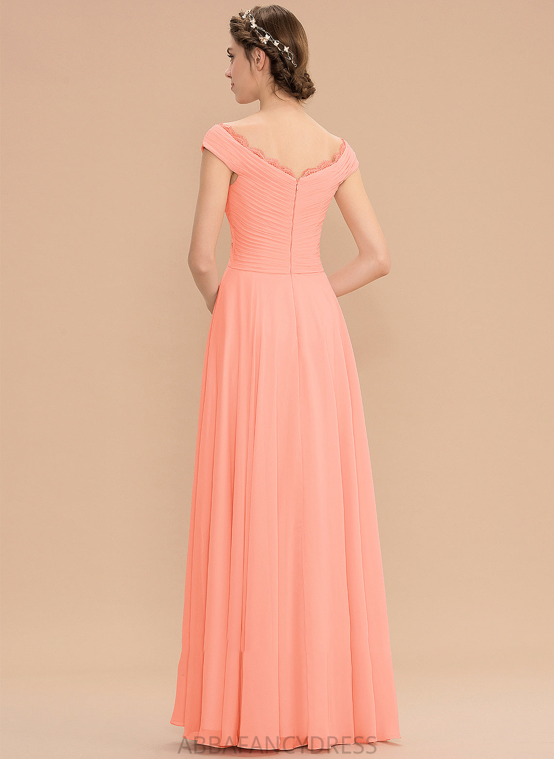 Silhouette Lace Ruffle Length A-Line Neckline Fabric Off-the-Shoulder Embellishment Floor-Length Molly Natural Waist