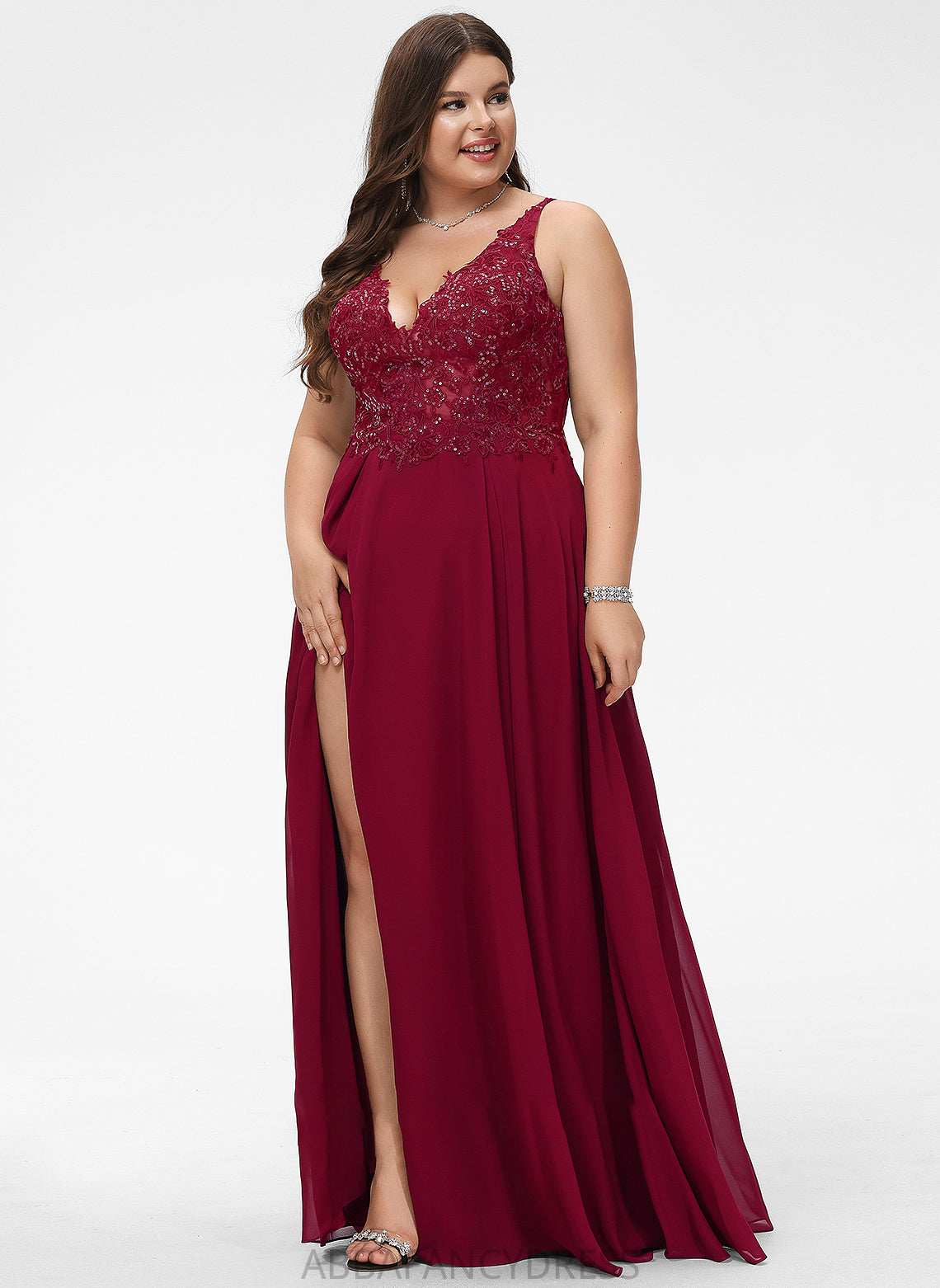 V-neck Floor-Length Sequins Lace Split Front Chiffon Prom Dresses With A-Line Mia
