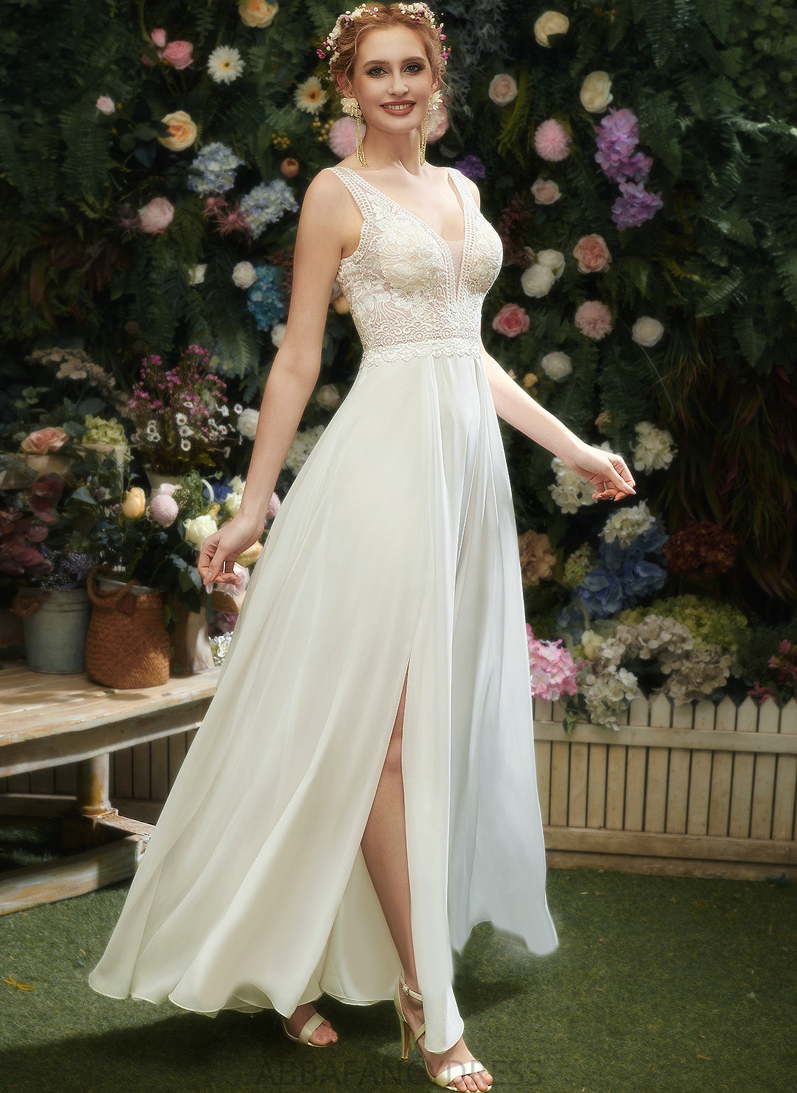 Lace Wedding Dresses V-neck Dress With Wedding Chiffon Floor-Length Tiana A-Line Sequins