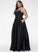 Neckline Prom Dresses Front Split Square With Pockets Vanessa Satin Floor-Length A-Line