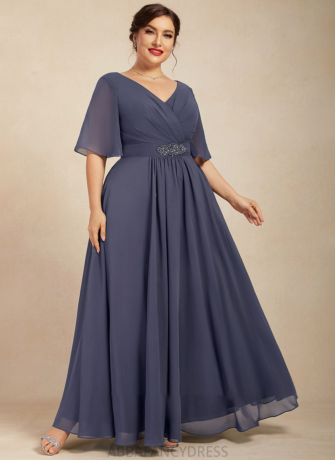 Jaylah the A-Line Mother Mother of the Bride Dresses Ankle-Length Beading Chiffon of Dress Ruffle With V-neck Bride Sequins