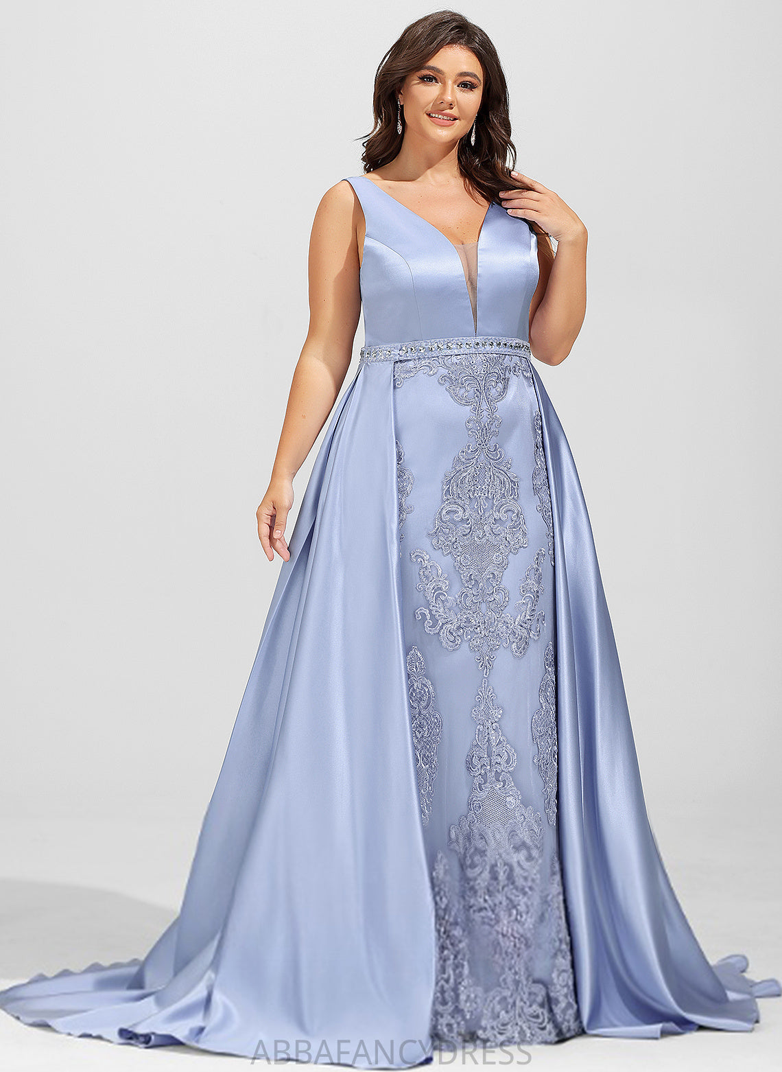With Lace Sheath/Column Sequins Satin Sweep V-neck Train Prom Dresses Janey Beading