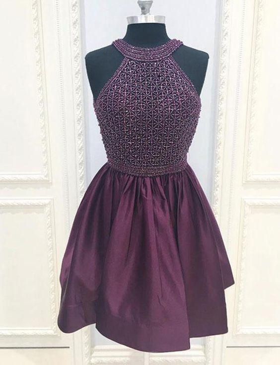 Halter Short Purple Cocktail Homecoming Dresses Kathryn With Beading Dress CD11993