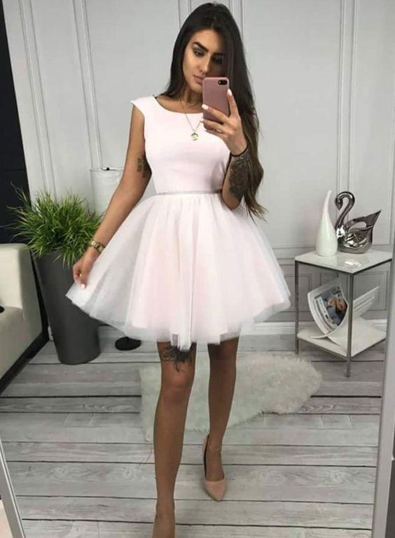 Round Emely Pink Homecoming Dresses Neck Tulle Short Dress CD1295