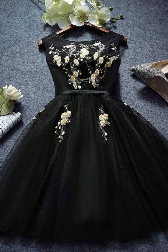 A Line Homecoming Dresses Belinda Black Scoop Tulle With Applique CD13890