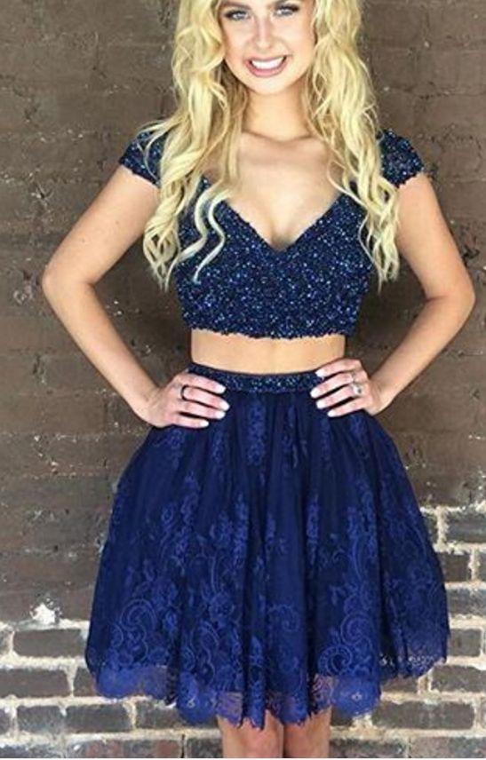 Blue , Two Pieces Homecoming Dresses , Ana Beaded Lace CD14212