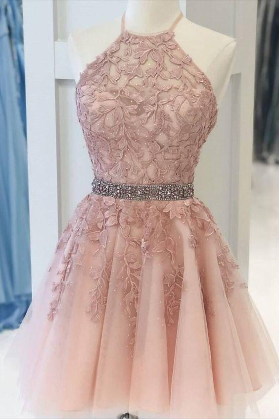Halter Appliqued With Beading Pink Rylee Homecoming Dresses Belt CD16763