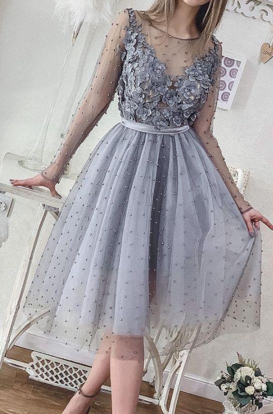 Homecoming Dresses Short Silver Grey Pearls Long Sleeve Lace Appliqued Jordin Beads Mini Cocktail Party Dresses Cheap Formal Gowns CD1766