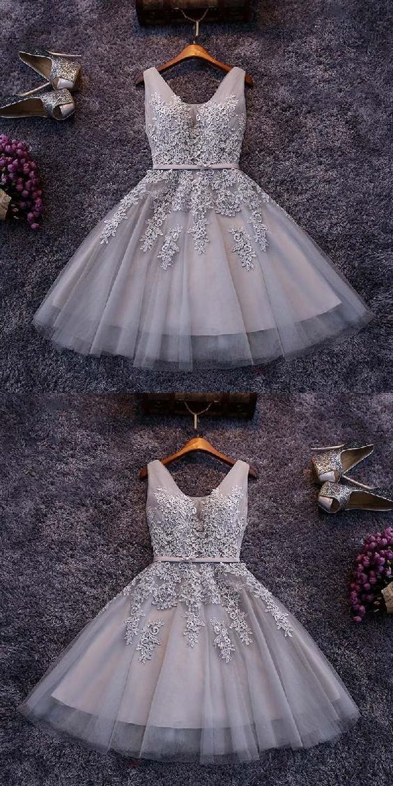 Short Gray , Homecoming Dresses Tulle , Appliqued Kylee CD184