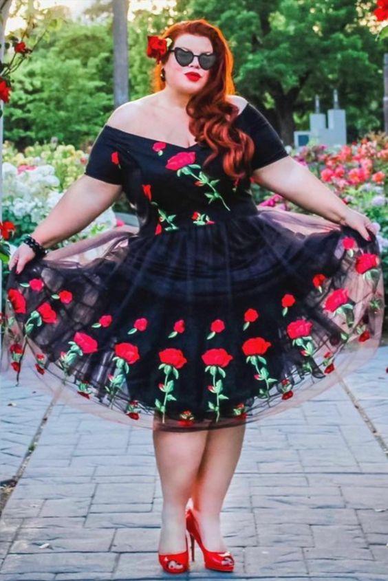 Short Plus Size Off Homecoming Dresses Patti The Shoulder Black And Rose Floral Embroidered CD19214