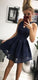 Homecoming Dresses Renata Lace Navy Halter Simple Party Dresses CD1942