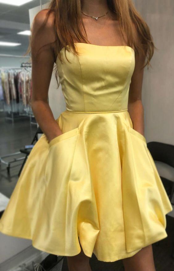 Strapless Short Yellow Party Dress With Pockets Homecoming Dresses Liz CD2120