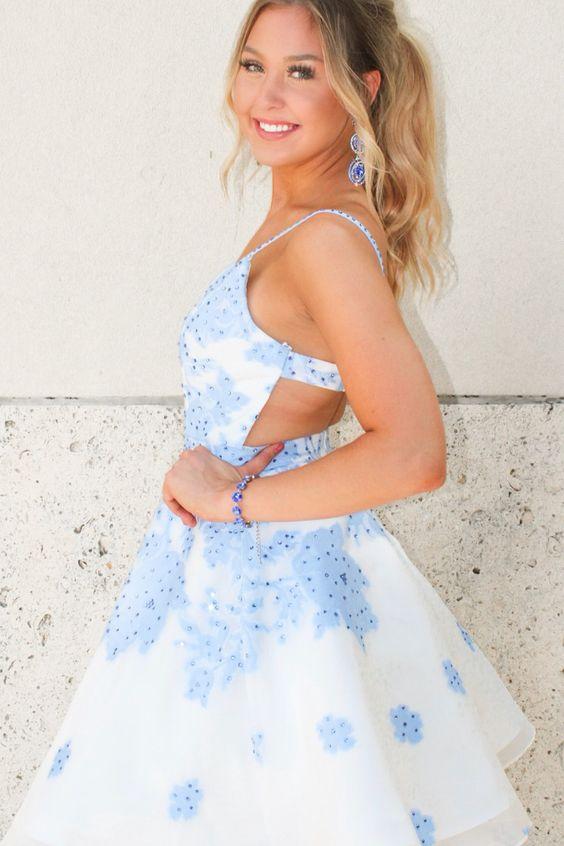 Spaghetti Straps Sky Blue Floral Homecoming Dresses Mattie Appliques CD2201
