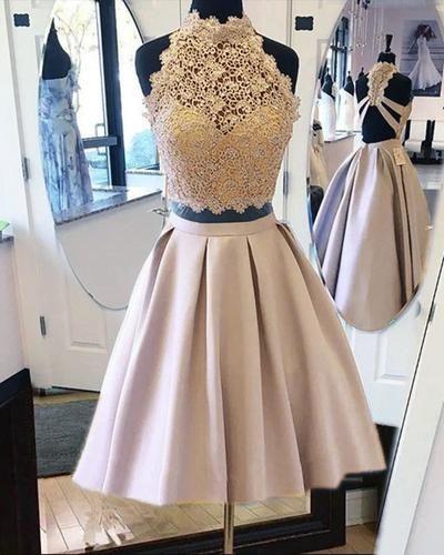 Crop Skirt Satin Shea Homecoming Dresses Lace Two Piece CD22303