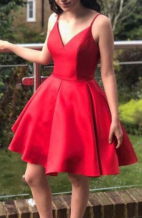 Red Satin Homecoming Dresses Alison V Neck Short Dress CD2241