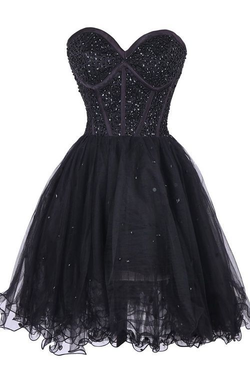 Black Beaded Embellished Sweetheart Homecoming Dresses Abagail Short Tulle CD22497