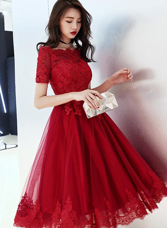 Wine Red Tulle Amelia Lace Homecoming Dresses Short With Applique CD22570