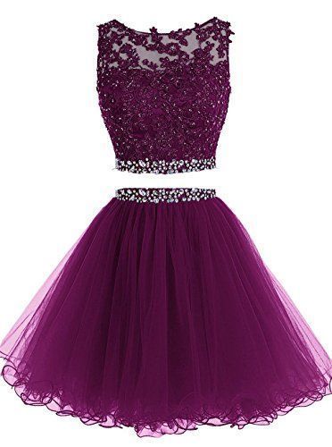 Elegant Two Piece Short Tulle Rosa Homecoming Dresses Purple CD234