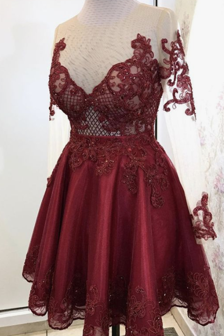Lace Homecoming Dresses Princess Elegant Burgundy Tulle Long Sleeves CD2354