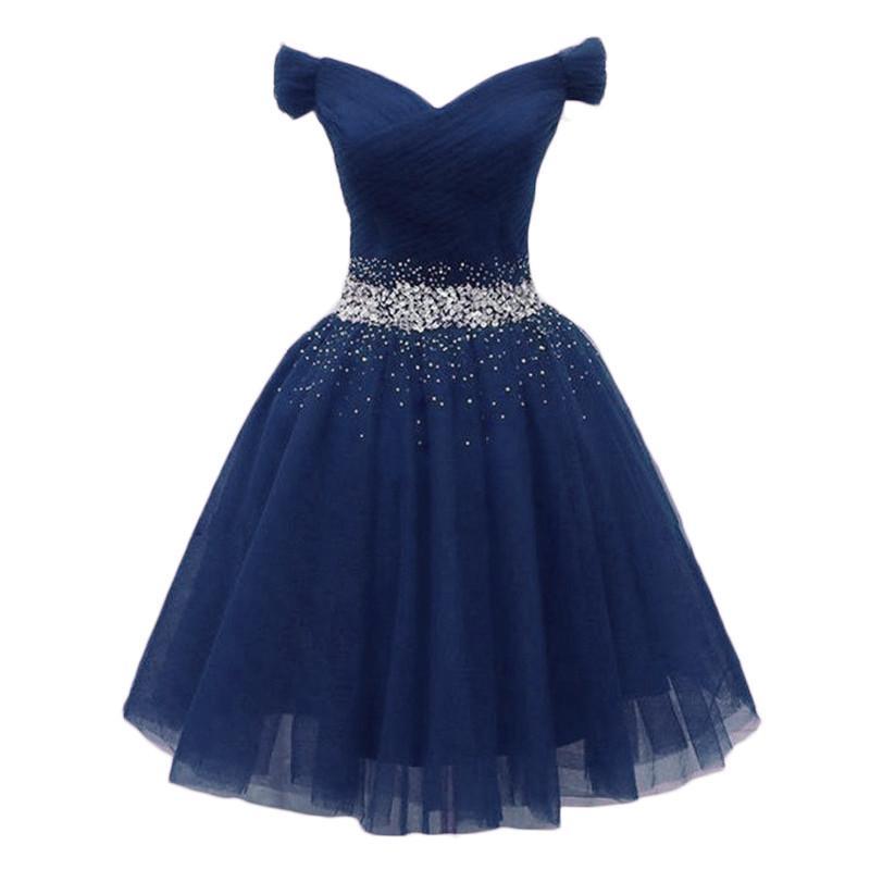 Navy Beaded Sweetheart Off Homecoming Dresses Kimberly Shoulder Tulle CD23552