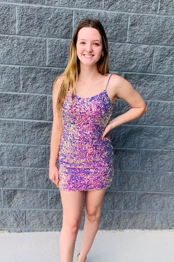 Tight Lilac Sequined Homecoming Dresses Mandy Short Party Dress CD23603