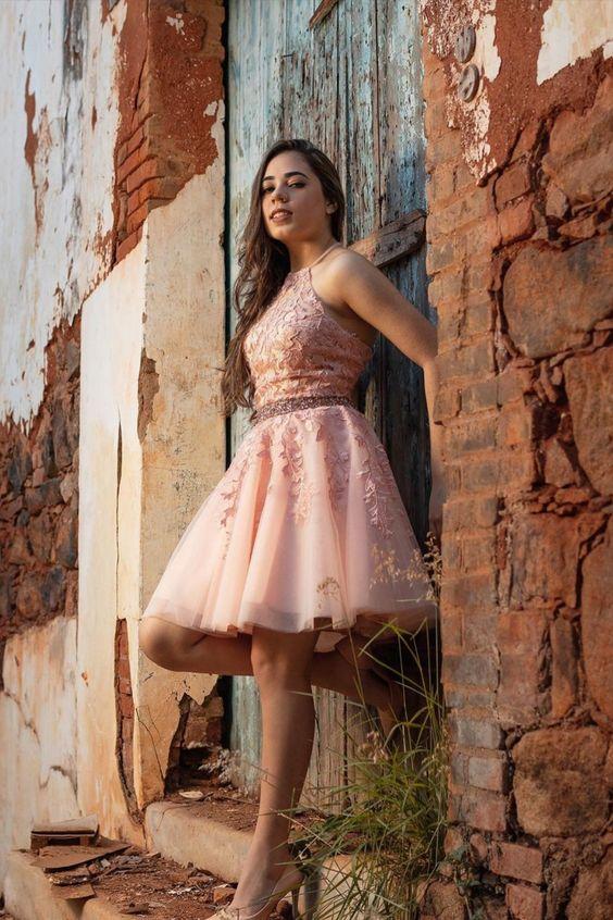 Halter Appliqued Pink Karen Homecoming Dresses With Beading Belt CD24031